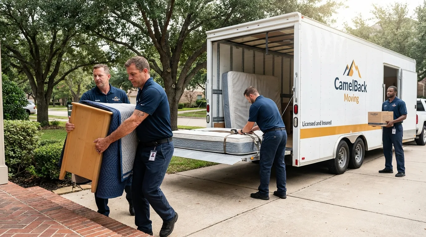 Crew loading residential truck for cross-state move from Monticello, MO
