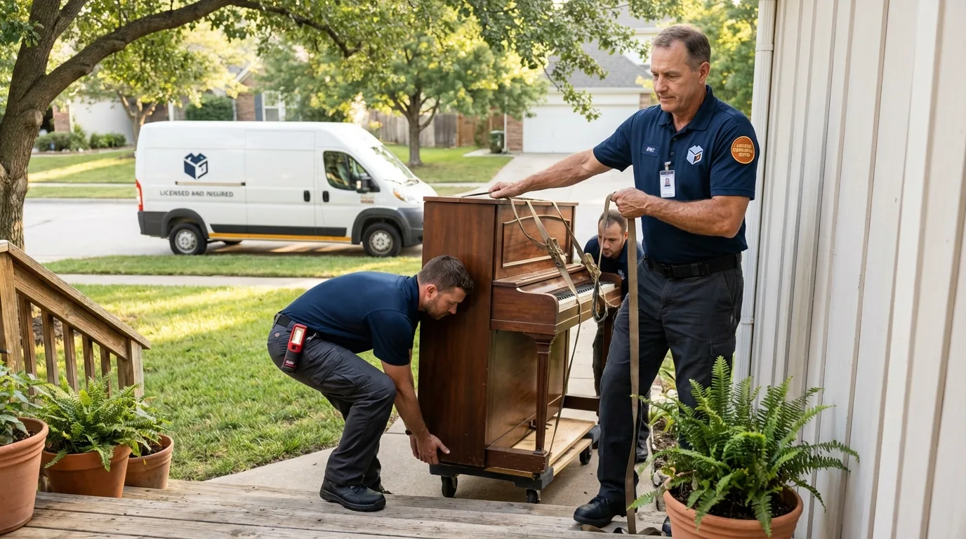 Licensed piano movers securing grand piano in Monticello, MO